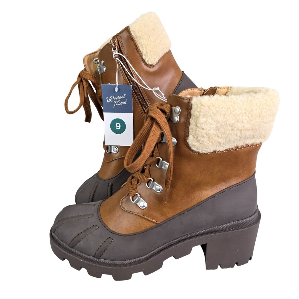 Womens Universal Threads Cheyenne Brown Heeled Duck Boots Sherpa Leather Size 9